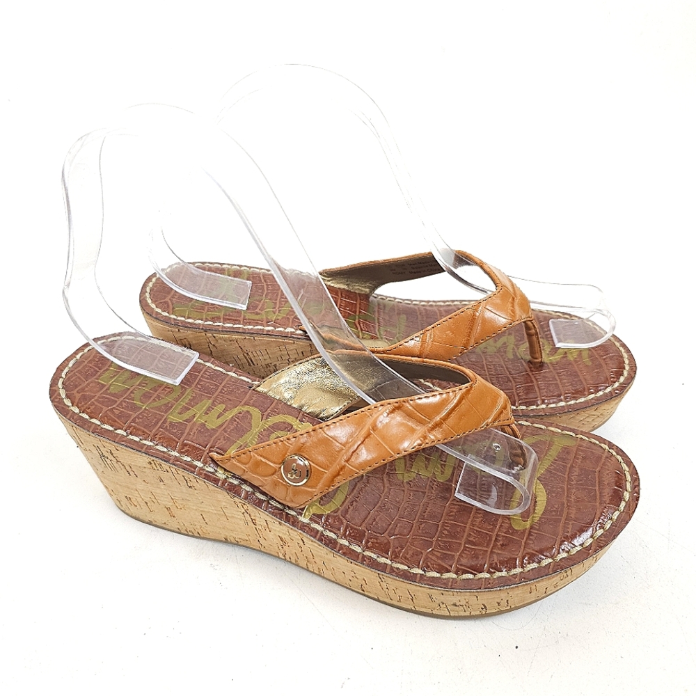 Sam Edelman Romy Platform Tan Thong Sandals Shoes Size 9 Cork Wedge